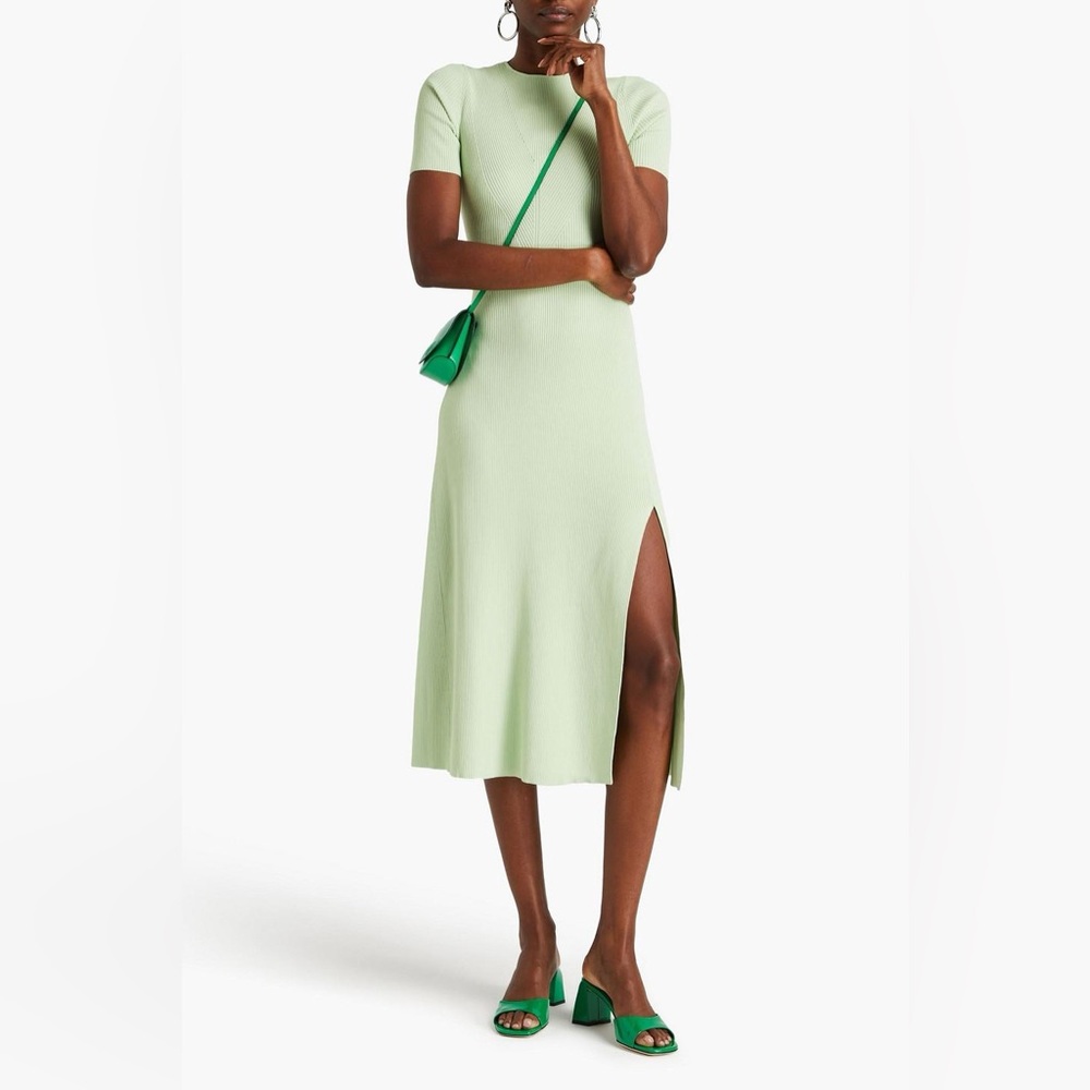 NWT MAJE Ribbed-knit Midi Dress in Vert Green